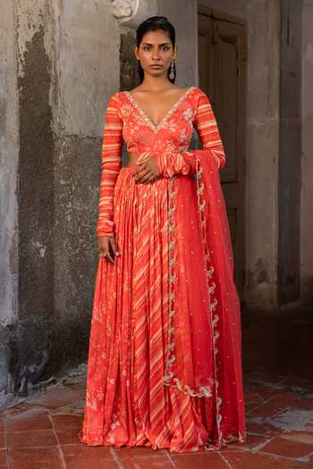Sshilpa Samriya_Red Chiffon, Net Embroidery, Sequins Plunge Neck Printed Anarkali With Dupatta_Online_at_Aza_Fashions