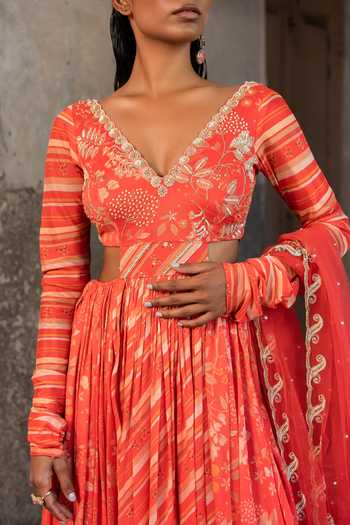 Shop_Sshilpa Samriya_Red Chiffon, Net Embroidery, Sequins Plunge Neck Printed Anarkali With Dupatta_Online_at_Aza_Fashions
