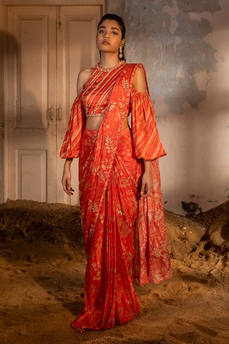 SSHILPA SAMRIYA Red Chinnon Chiffon Hand Embroidered Floral Printed Pre-draped Saree With Blouse