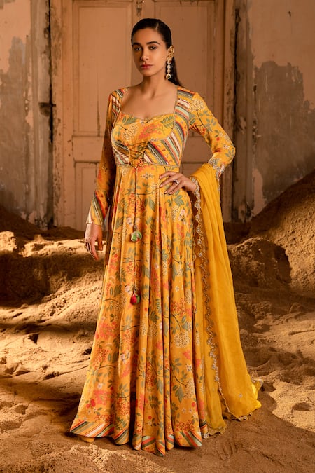 SSHILPA SAMRIYA Yellow Anarkali Cotton Silk Hand Embroidered Printed Kothi Style With Dupatta