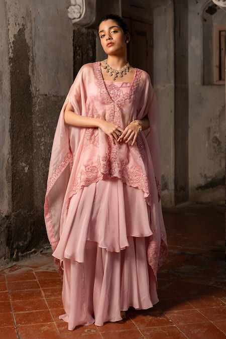 SSHILPA SAMRIYA Pink Skirt Organza Embroidered Thread Square Cape With Layered Set