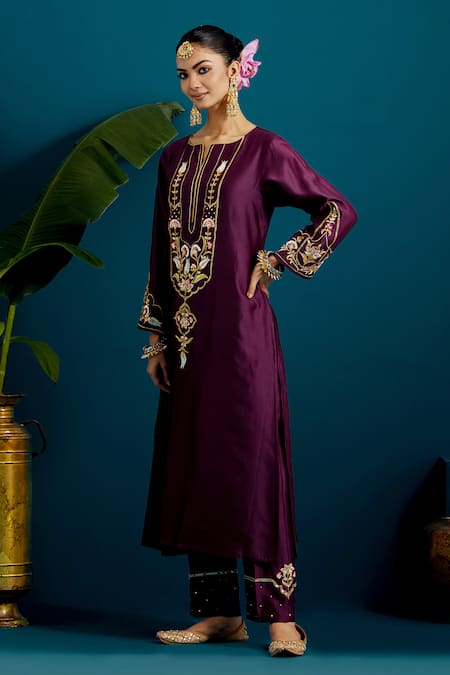 Shop_Anantaa By Roohi_Black Silk, Chanderi Sequins, Gota Patti Resham Embroidered Kurta And Pant Set 