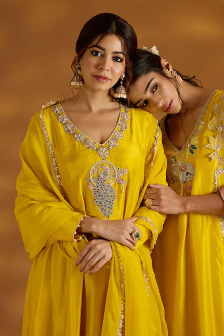 ISHA GUPTA TAYAL_Yellow Silk, Organza, Cotton Cut Work, Peacock Placement Embroidered Kurta Set _at_Aza_Fashions