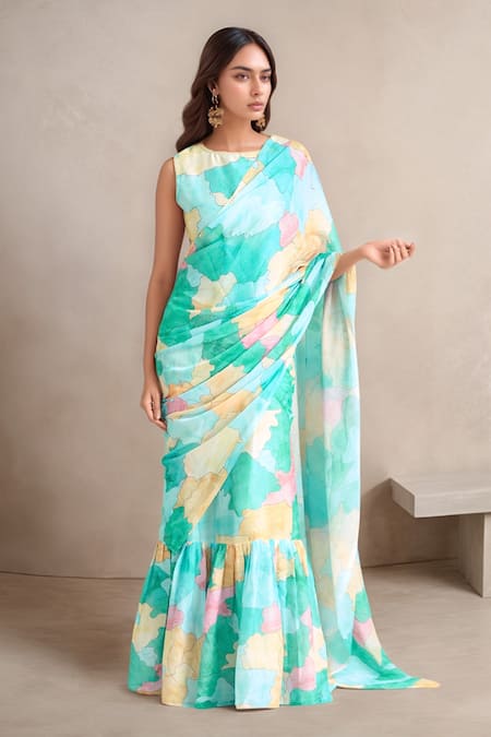 Samyukta Singhania Blue Slime Georgette Printed Abstract Round Saree Gown 