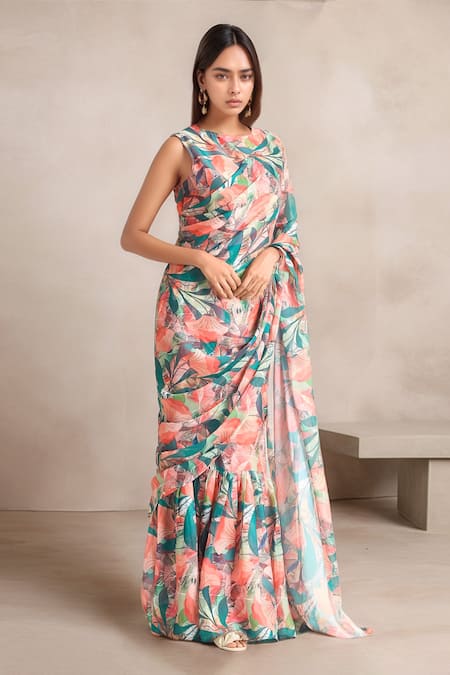 Samyukta Singhania Green Slime Georgette Printed Tropical Round Saree Gown 