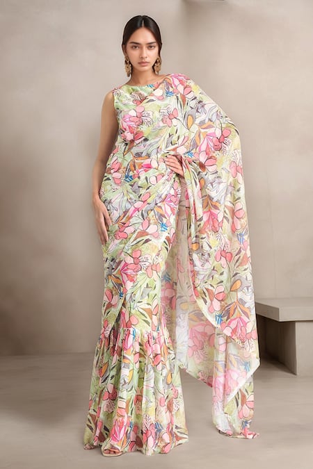 Samyukta Singhania Green Slime Georgette Printed Leaf Round Saree Gown 