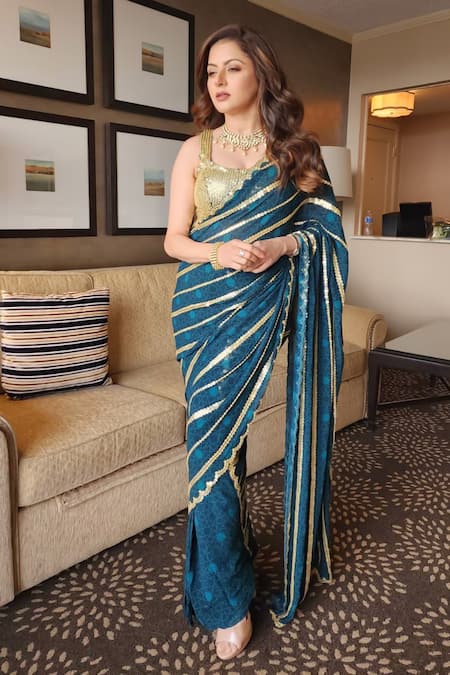 Krisha sunny Ramani Geometric Print & Embroidered Saree With Blouse 