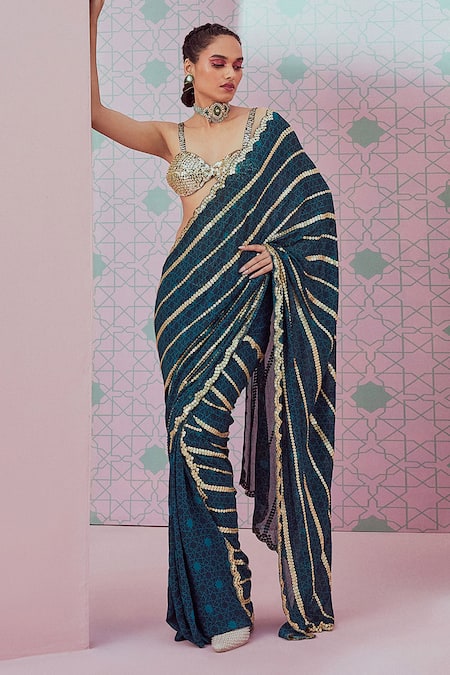 Buy_Krisha Sunny Ramani_Green Georgette Sequins Geometric Print And Embroidered Saree With Blouse _Online_at_Aza_Fashions