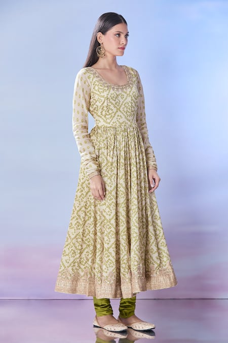 Shop_Punit Balana_Green Cotton Embroidery, Zari Round Neck Bandhani Print Anarkali Churidar Set _at_Aza_Fashions