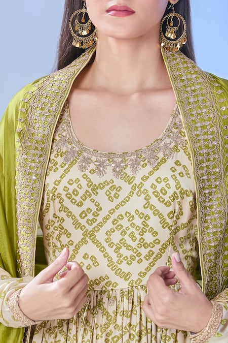 Punit Balana_Green Cotton Embroidery, Zari Round Neck Bandhani Print Anarkali Churidar Set _Online_at_Aza_Fashions