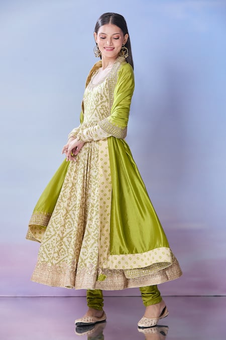 Buy_Punit Balana_Green Cotton Embroidery, Zari Round Neck Bandhani Print Anarkali Churidar Set _Online_at_Aza_Fashions