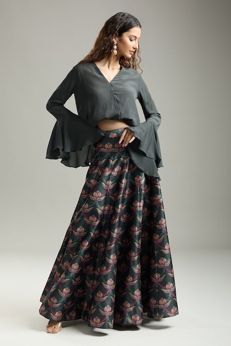 Siddhartha Bansal Bell Sleeve Top With Floral Print Skirt 