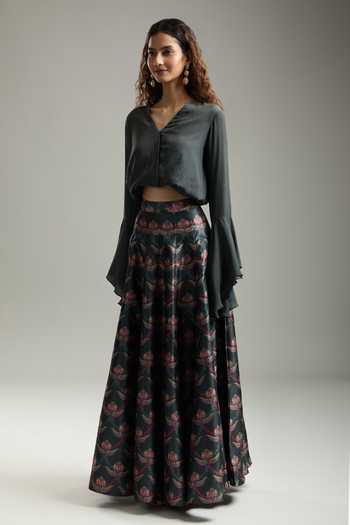 Siddhartha Bansal Green Chiffon, Cotton Embroidery V-neck Bell Sleeve Top With Floral Print Skirt Online at Aza Fashions Siddhartha Bansal_Green Chiffon, Cotton Embroidery V-neck Bell Sleeve Top With Floral Print Skirt_Online_at_Aza_Fashions