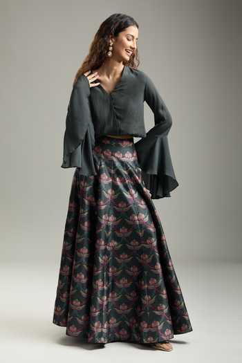 Buy Siddhartha Bansal Green Chiffon, Cotton Embroidery V-neck Bell Sleeve Top With Floral Print Skirt Online at Aza Fashions Buy_Siddhartha Bansal_Green Chiffon, Cotton Embroidery V-neck Bell Sleeve Top With Floral Print Skirt_Online_at_Aza_Fashions