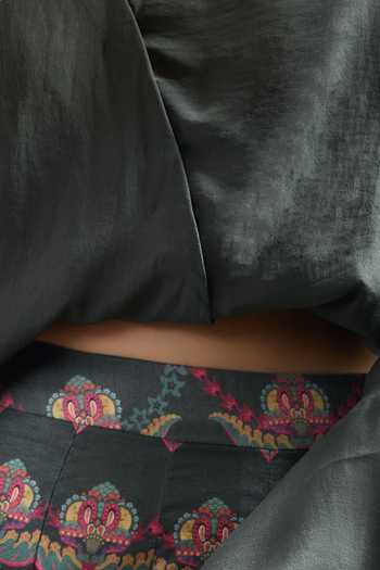 Siddhartha Bansal Green Chiffon, Cotton Embroidery V-neck Bell Sleeve Top With Floral Print Skirt at Aza Fashions Siddhartha Bansal_Green Chiffon, Cotton Embroidery V-neck Bell Sleeve Top With Floral Print Skirt_at_Aza_Fashions