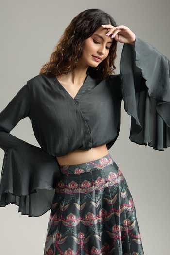 Buy Siddhartha Bansal Green Chiffon, Cotton Embroidery V-neck Bell Sleeve Top With Floral Print Skirt Buy_Siddhartha Bansal_Green Chiffon, Cotton Embroidery V-neck Bell Sleeve Top With Floral Print Skirt