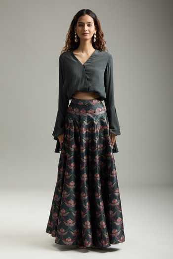 Shop Siddhartha Bansal Green Chiffon, Cotton Embroidery V-neck Bell Sleeve Top With Floral Print Skirt Shop_Siddhartha Bansal_Green Chiffon, Cotton Embroidery V-neck Bell Sleeve Top With Floral Print Skirt