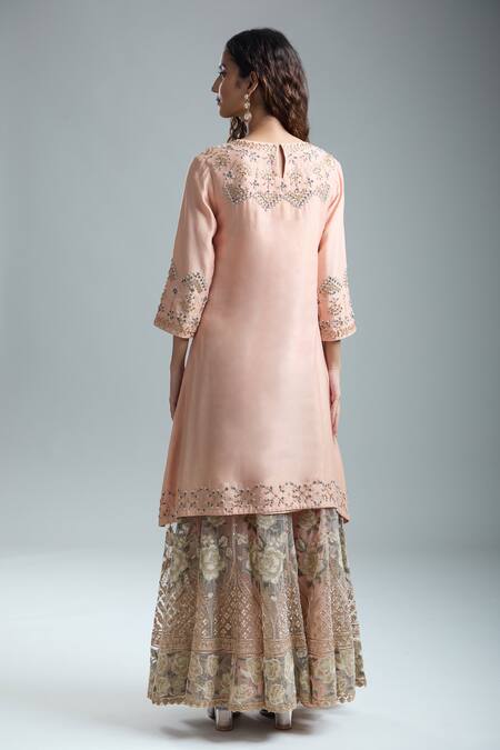 Shop Kavita Bhartia Peach Cotton, Georgette Beads, Embroidery Round Floral Beaded Kurta Sharara Set at Aza Fashions Shop_Kavita Bhartia_Peach Cotton, Georgette Beads, Embroidery Round Floral Beaded Kurta Sharara Set_at_Aza_Fashions