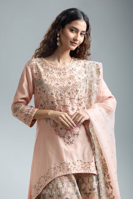 Kavita Bhartia Peach Cotton, Georgette Beads, Embroidery Round Floral Beaded Kurta Sharara Set Online at Aza Fashions Kavita Bhartia_Peach Cotton, Georgette Beads, Embroidery Round Floral Beaded Kurta Sharara Set_Online_at_Aza_Fashions