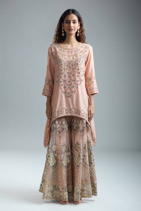 Kavita Bhartia Peach Cotton, Georgette Beads, Embroidery Round Floral Beaded Kurta Sharara Set at Aza Fashions Kavita Bhartia_Peach Cotton, Georgette Beads, Embroidery Round Floral Beaded Kurta Sharara Set_at_Aza_Fashions