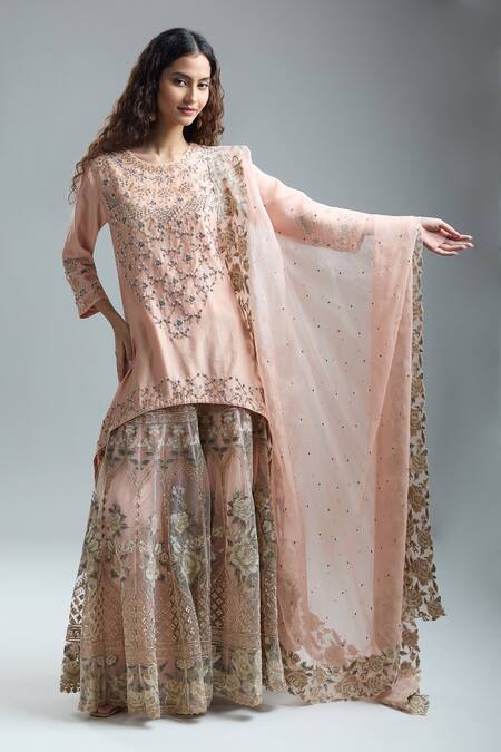 Buy Kavita Bhartia Peach Cotton, Georgette Beads, Embroidery Round Floral Beaded Kurta Sharara Set Buy_Kavita Bhartia_Peach Cotton, Georgette Beads, Embroidery Round Floral Beaded Kurta Sharara Set