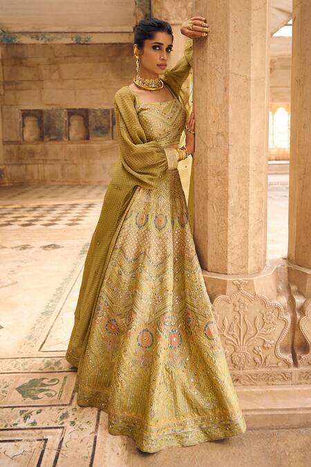 Saundh Green Brocade, Organza, Silk Embroidery, Damayanti Mughal Bahar Lehenga Set Online at Aza Fashions Saundh_Green Brocade, Organza, Silk Embroidery, Damayanti Mughal Bahar Lehenga Set_Online_at_Aza_Fashions