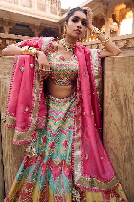 Saundh Pink Organza, Brocade, Silk Sarayu Carnival Embroidered And Printed Lehenga Set Online at Aza Fashions Saundh_Pink Organza, Brocade, Silk Sarayu Carnival Embroidered And Printed Lehenga Set_Online_at_Aza_Fashions