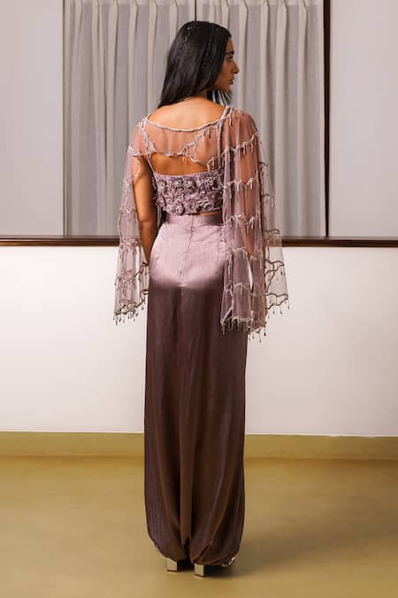 Shop Rimple Agrawal Purple Top And Cape Net Embroidered Sequin 3d Floral With Draped Pant Set at Aza Fashions Shop_Rimple Agrawal_Purple Top And Cape Net Embroidered Sequin 3d Floral With Draped Pant Set _at_Aza_Fashions