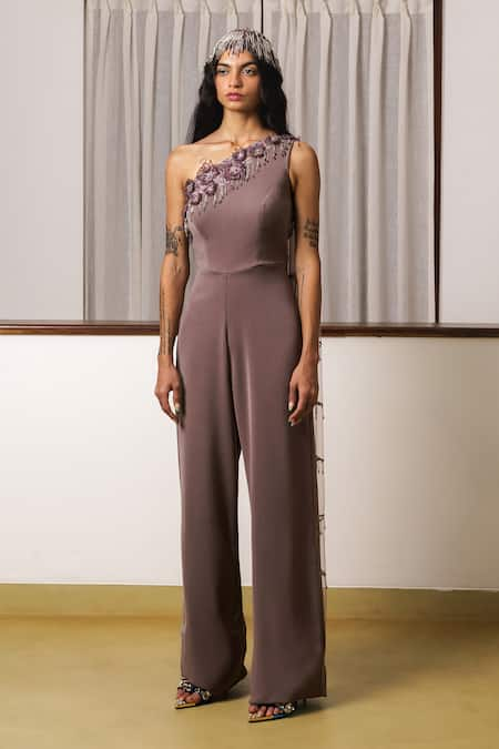 Rimple Agrawal Purple Mercedes Embroidered Sequin One-shoulder 3d Floral Jumpsuit 