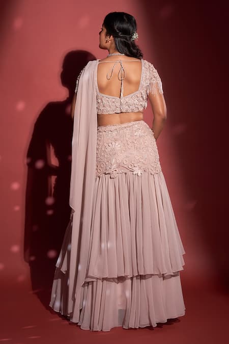 Shop Rimple Agrawal Pink Net, Georgette Embroidered Ruffle Tiered Pre-draped Saree With Blouse at Aza Fashions Shop_Rimple Agrawal_Pink Net, Georgette Embroidered Ruffle Tiered Pre-draped Saree With Blouse _at_Aza_Fashions