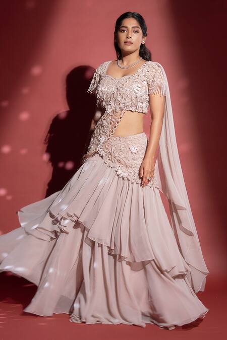 Rimple Agrawal Pink Net, Georgette Embroidered Ruffle Tiered Pre-draped Saree With Blouse Online at Aza Fashions Rimple Agrawal_Pink Net, Georgette Embroidered Ruffle Tiered Pre-draped Saree With Blouse _Online_at_Aza_Fashions