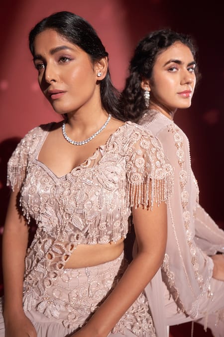 Shop Rimple Agrawal Pink Net, Georgette Embroidered Ruffle Tiered Pre-draped Saree With Blouse Online at Aza Fashions Shop_Rimple Agrawal_Pink Net, Georgette Embroidered Ruffle Tiered Pre-draped Saree With Blouse _Online_at_Aza_Fashions