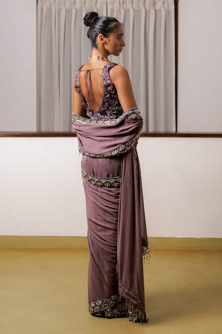 Shop Rimple Agrawal Purple Georgette, Net Sequins, Beads V-neck Embroidered Saree With Blouse at Aza Fashions Shop_Rimple Agrawal_Purple Georgette, Net Sequins, Beads V-neck Embroidered Saree With Blouse _at_Aza_Fashions