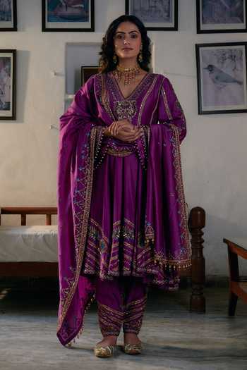 Buy Irrau By Samir Mantri Magenta Silk, Chanderi Cut Work, Sequins, Beads, Embroidery Anarkali Salwar Set Buy_Irrau By Samir Mantri_Magenta Silk, Chanderi Cut Work, Sequins, Beads, Embroidery Anarkali Salwar Set