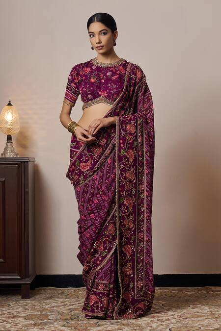 Irrau By Samir Mantri_Purple Georgette Beads, Sequins Nimi Border Embroidered Saree _at_Aza_Fashions