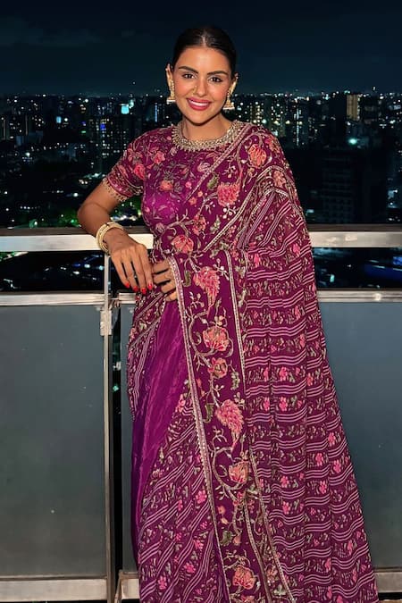 Irrau by Samir Mantri Purple Georgette Printed Floral Stripe Nimi Border Embroidered Saree 