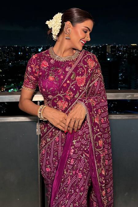 Shop_Irrau By Samir Mantri_Purple Georgette Beads, Sequins Nimi Border Embroidered Saree 