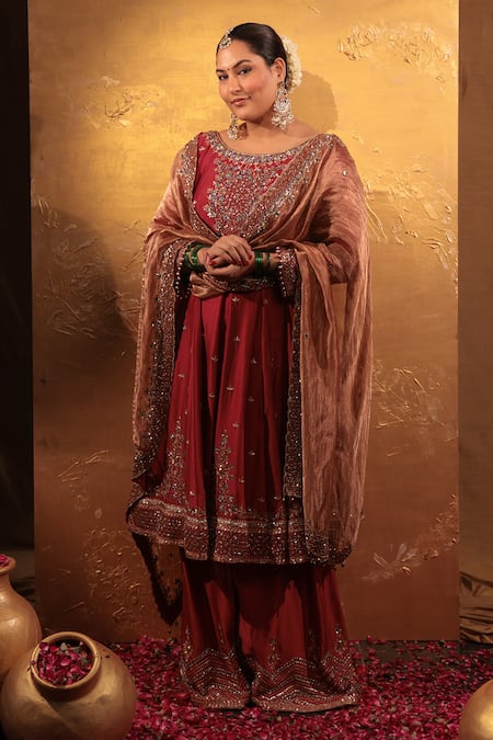 Irrau by Samir Mantri Maroon Anarkali And Gharara Silk Chanderi Embroidery Sequin Boat Neck Set 