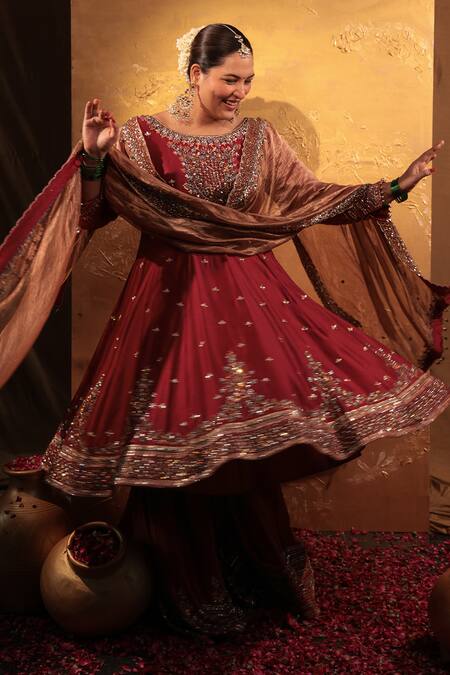 Shop Irrau By Samir Mantri Maroon Silk, Chanderi, Tissue Sequins, Beads, Embroidery Anarkali Gharara Set Shop_Irrau By Samir Mantri_Maroon Silk, Chanderi, Tissue Sequins, Beads, Embroidery Anarkali Gharara Set