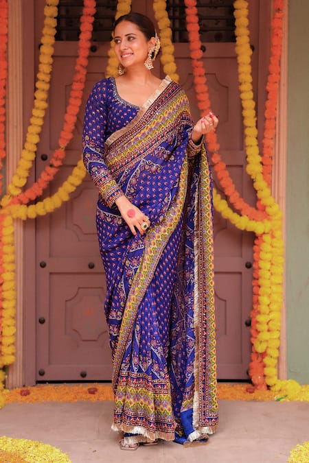 Irrau by Samir Mantri Blue Georgette Printed And Hand Embroidered Floral Deep Round Saree With Blouse 