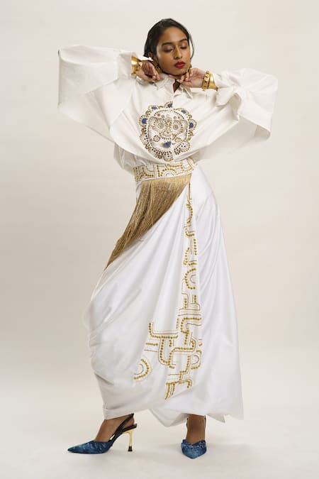 AK-OK_White Cotton, Gingham Embroidery, Studs Collared Embellished Thread Shirt _Online_at_Aza_Fashions