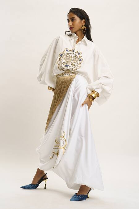 Buy_AK-OK_White Cotton, Gingham Embroidery, Studs Collared Embellished Thread Shirt _Online_at_Aza_Fashions