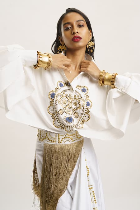 Shop_AK-OK_White Cotton, Gingham Embroidery, Studs Collared Embellished Thread Shirt _Online_at_Aza_Fashions