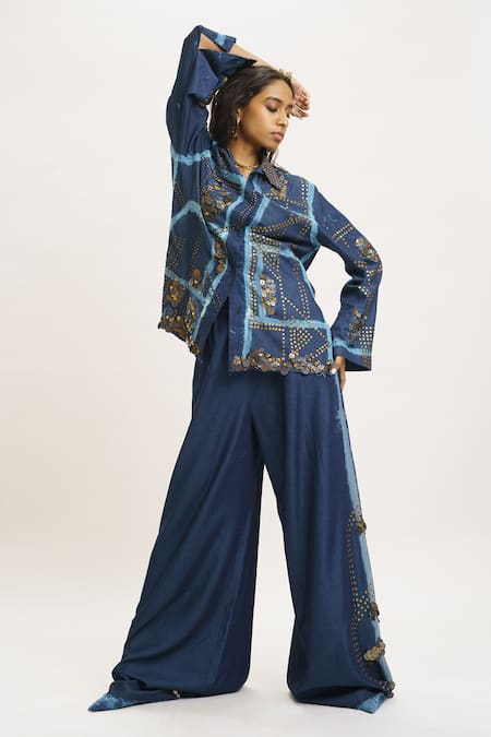 AK-OK Denim Stud Embellished Shirt & Flared Trouser 