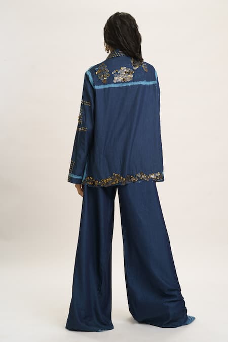 Shop_AK-OK_Blue Denim Sequins, Studs Collared Embellished Shirt And Trouser _at_Aza_Fashions