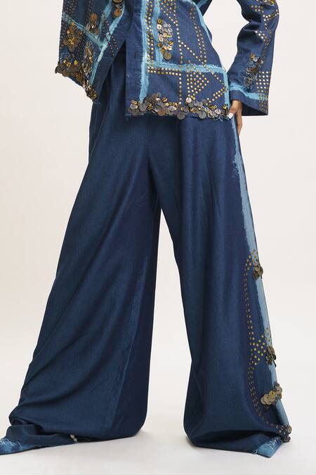 AK-OK_Blue Denim Sequins, Studs Collared Embellished Shirt And Trouser _Online_at_Aza_Fashions