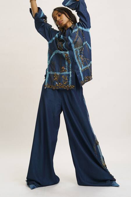 Buy_AK-OK_Blue Denim Sequins, Studs Collared Embellished Shirt And Trouser _Online_at_Aza_Fashions