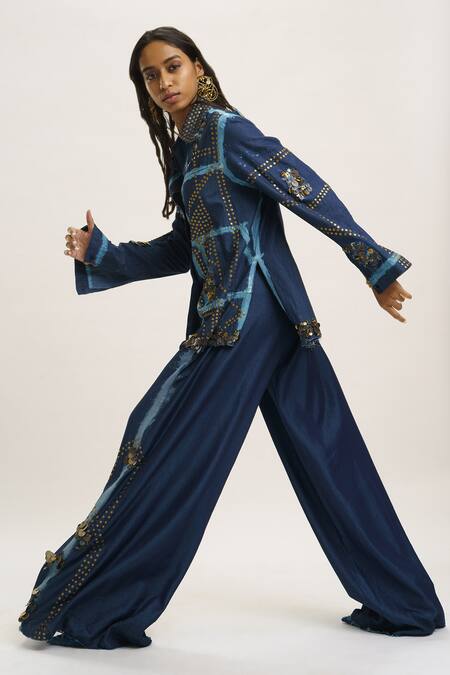 Shop_AK-OK_Blue Denim Sequins, Studs Collared Embellished Shirt And Trouser _Online_at_Aza_Fashions