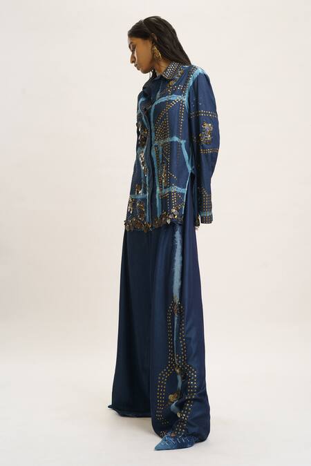 AK-OK_Blue Denim Sequins, Studs Collared Embellished Shirt And Trouser _at_Aza_Fashions