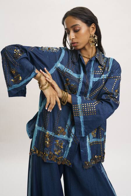 Buy_AK-OK_Blue Denim Sequins, Studs Collared Embellished Shirt And Trouser 